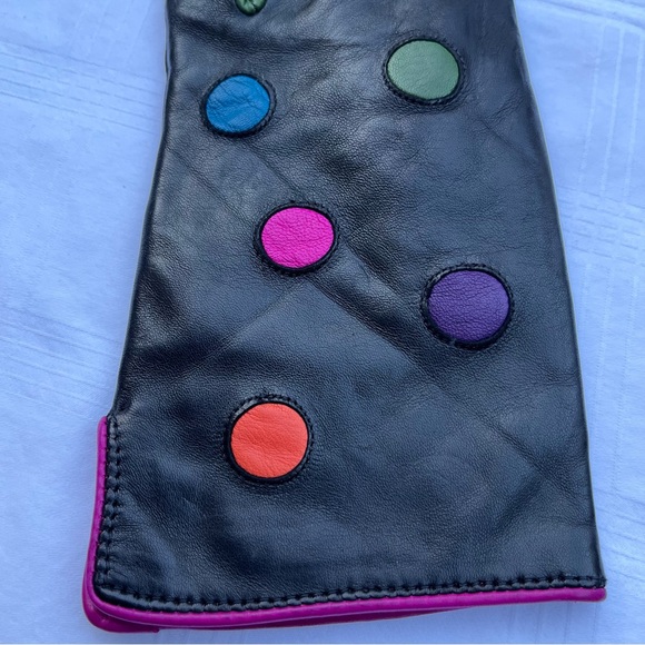 Vintage Black Leather Gloves Polka Dot with Hot Pink Trim - Picture 4 of 10